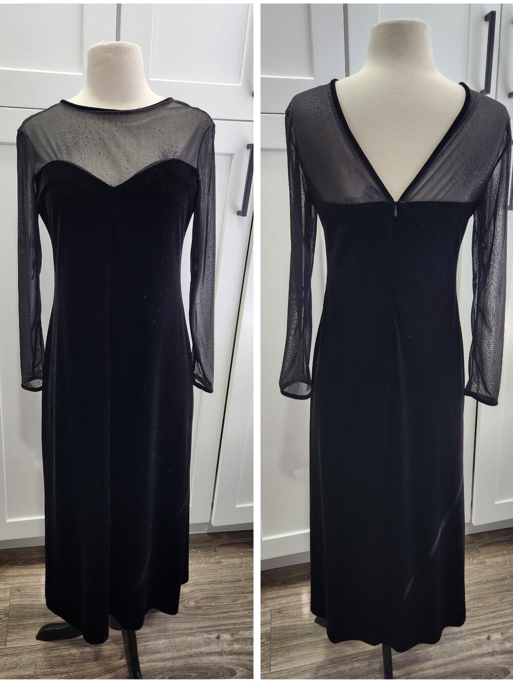 Vintage Robbie Bee Black Velvet Sparkle  Illusion Neckline Witchy Dress Size 8P
